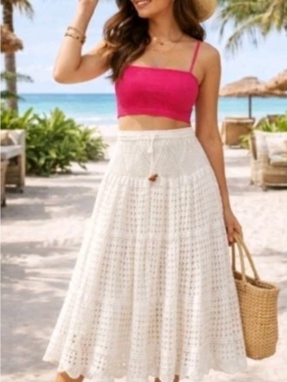 Roz & Ali White Crochet Maxi Skirt - Boho Tiered Beach Style 100% Cotton